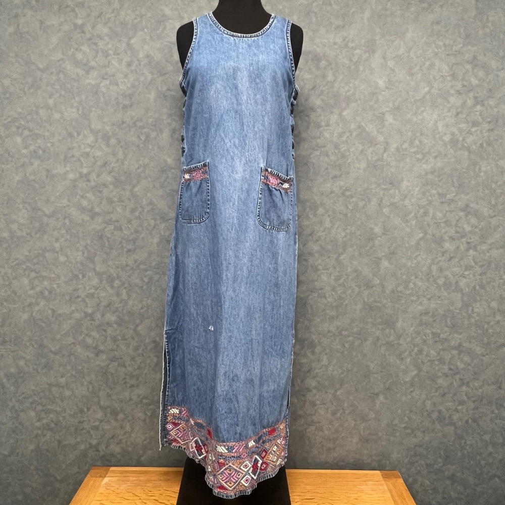 Carolina Blues Denim Maxi Dress Embroidered & Hem Sleeveless Casual Sz‎ S *FLAWS